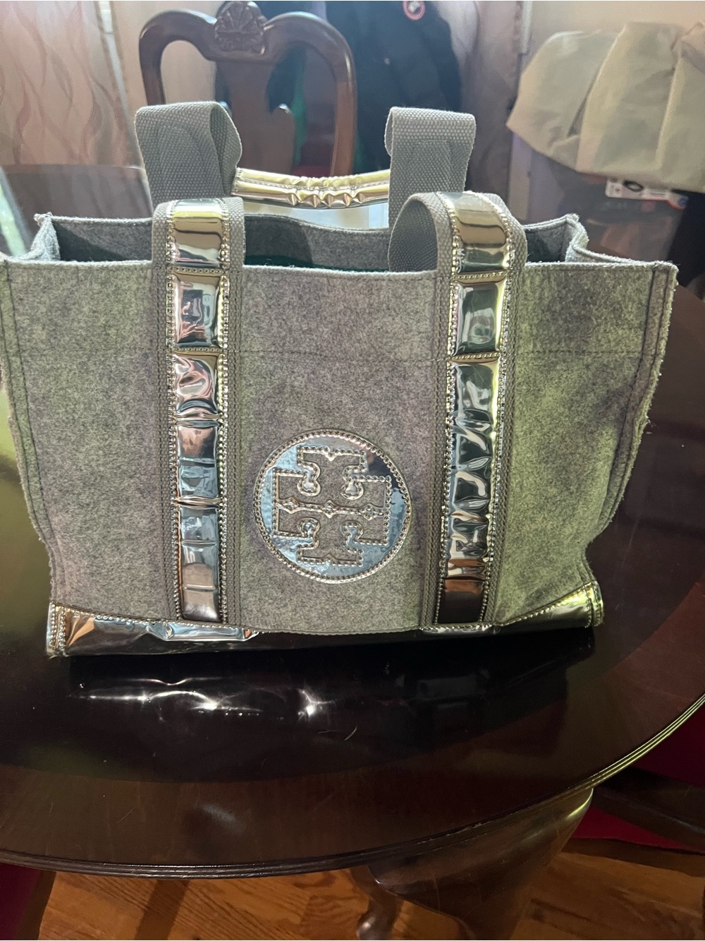 Tory Burch Gray Felt Tote with Silver Accents